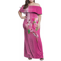 Hawaii Aloha Turtle Hibiscus and Leaves Family Matching Off Shoulder Maxi Dress and Hawaiian Shirt with Polynesian and Kakau Tattoos Rose Color - Polynesian Pride