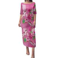 Hawaii Aloha Turtle Hibiscus and Leaves Family Matching Puletasi and Hawaiian Shirt with Polynesian and Kakau Tattoos Rose Color - Polynesian Pride