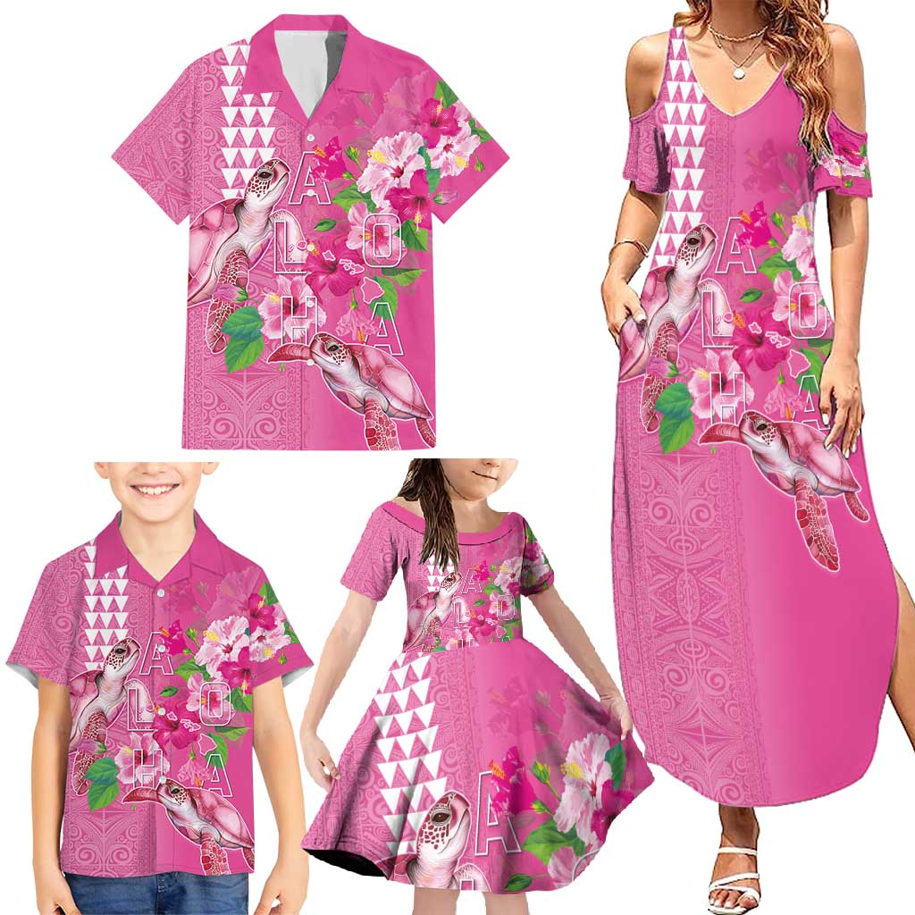 Hawaii Aloha Turtle Hibiscus and Leaves Family Matching Summer Maxi Dress and Hawaiian Shirt with Polynesian and Kakau Tattoos Rose Color - Polynesian Pride