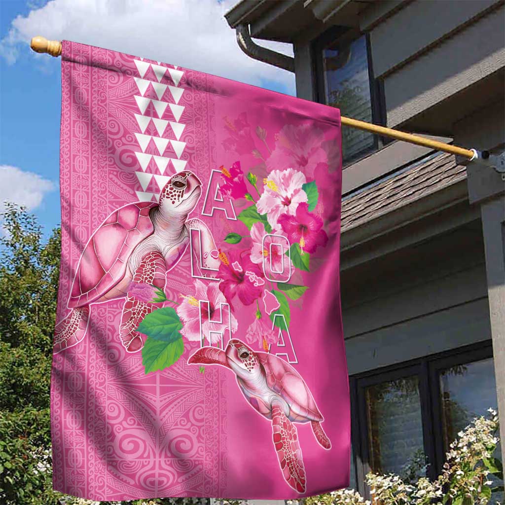 Hawaii Aloha Turtle Hibiscus and Leaves Garden Flag with Polynesian and Kakau Tattoos Rose Color - Polynesian Pride