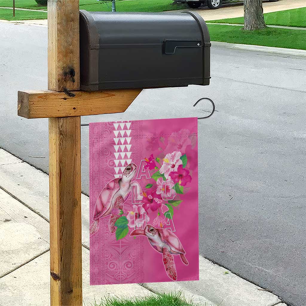 Hawaii Aloha Turtle Hibiscus and Leaves Garden Flag with Polynesian and Kakau Tattoos Rose Color - Polynesian Pride