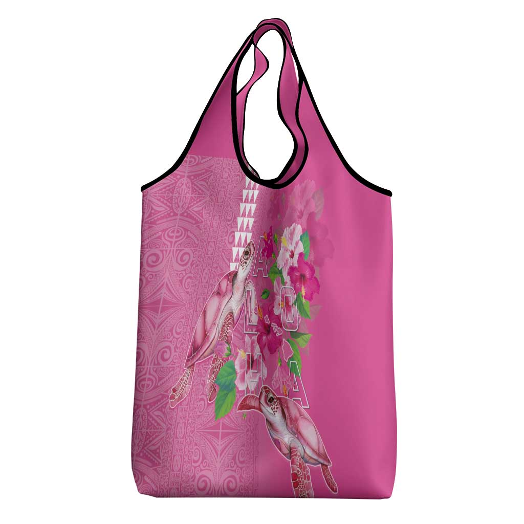 Hawaii Aloha Turtle Hibiscus and Leaves Grocery Bag with Polynesian and Kakau Tattoos Rose Color - Polynesian Pride