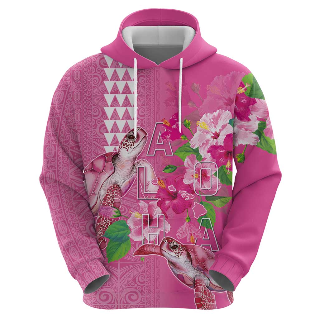Hawaii Aloha Turtle Hibiscus and Leaves Hoodie with Polynesian and Kakau Tattoos Rose Color - Polynesian Pride