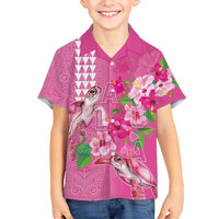 Hawaii Aloha Turtle Hibiscus and Leaves Kid Hawaiian Shirt with Polynesian and Kakau Tattoos Rose Color - Polynesian Pride