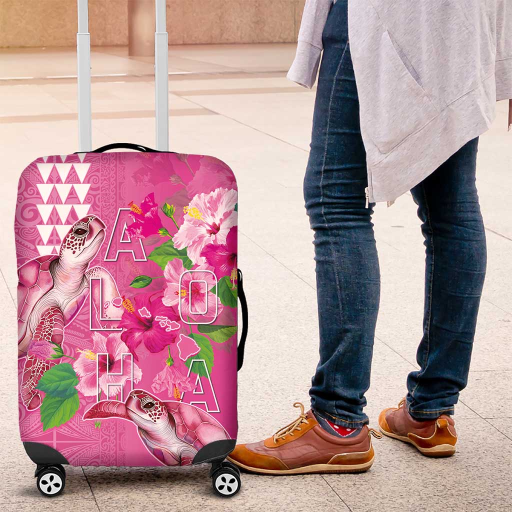 Hawaii Aloha Turtle Hibiscus and Leaves Luggage Cover with Polynesian and Kakau Tattoos Rose Color - Polynesian Pride
