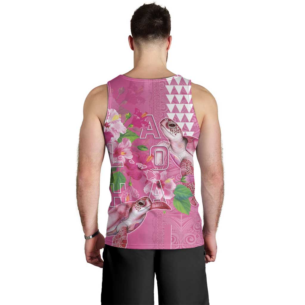 Hawaii Aloha Turtle Hibiscus and Leaves Men Tank Top with Polynesian and Kakau Tattoos Rose Color - Polynesian Pride
