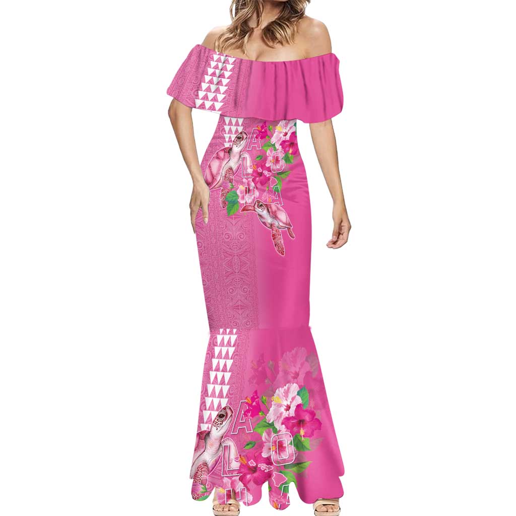 Hawaii Aloha Turtle Hibiscus and Leaves Mermaid Dress with Polynesian and Kakau Tattoos Rose Color - Polynesian Pride