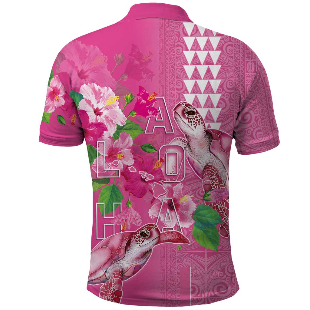 Hawaii Aloha Turtle Hibiscus and Leaves Polo Shirt with Polynesian and Kakau Tattoos Rose Color - Polynesian Pride