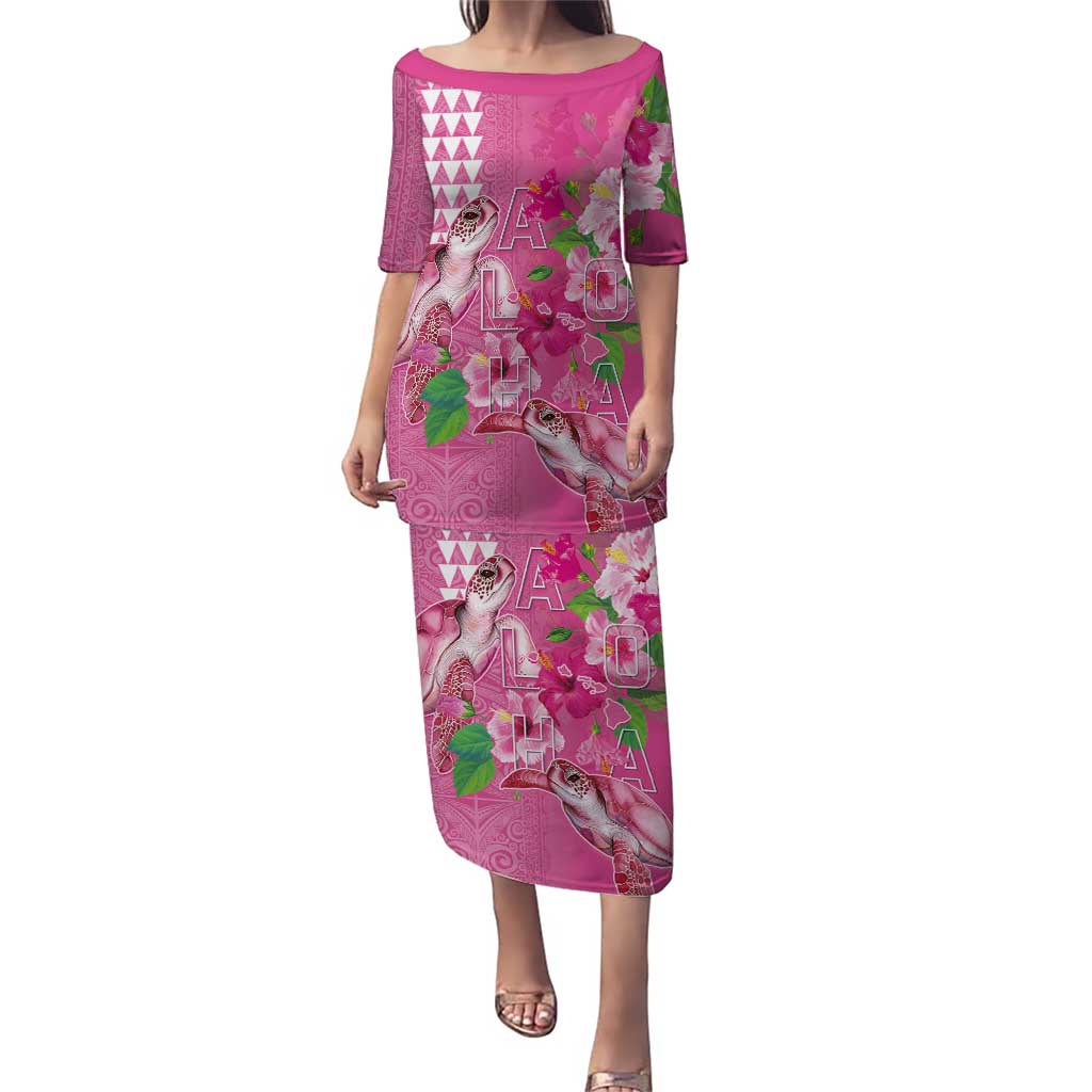 Hawaii Aloha Turtle Hibiscus and Leaves Puletasi with Polynesian and Kakau Tattoos Rose Color - Polynesian Pride