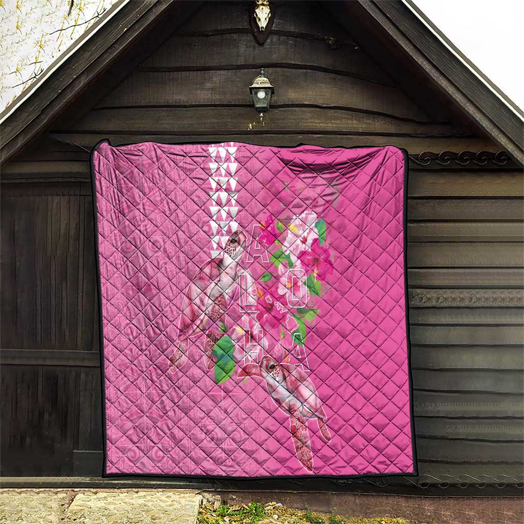 Hawaii Aloha Turtle Hibiscus and Leaves Quilt with Polynesian and Kakau Tattoos Rose Color - Polynesian Pride