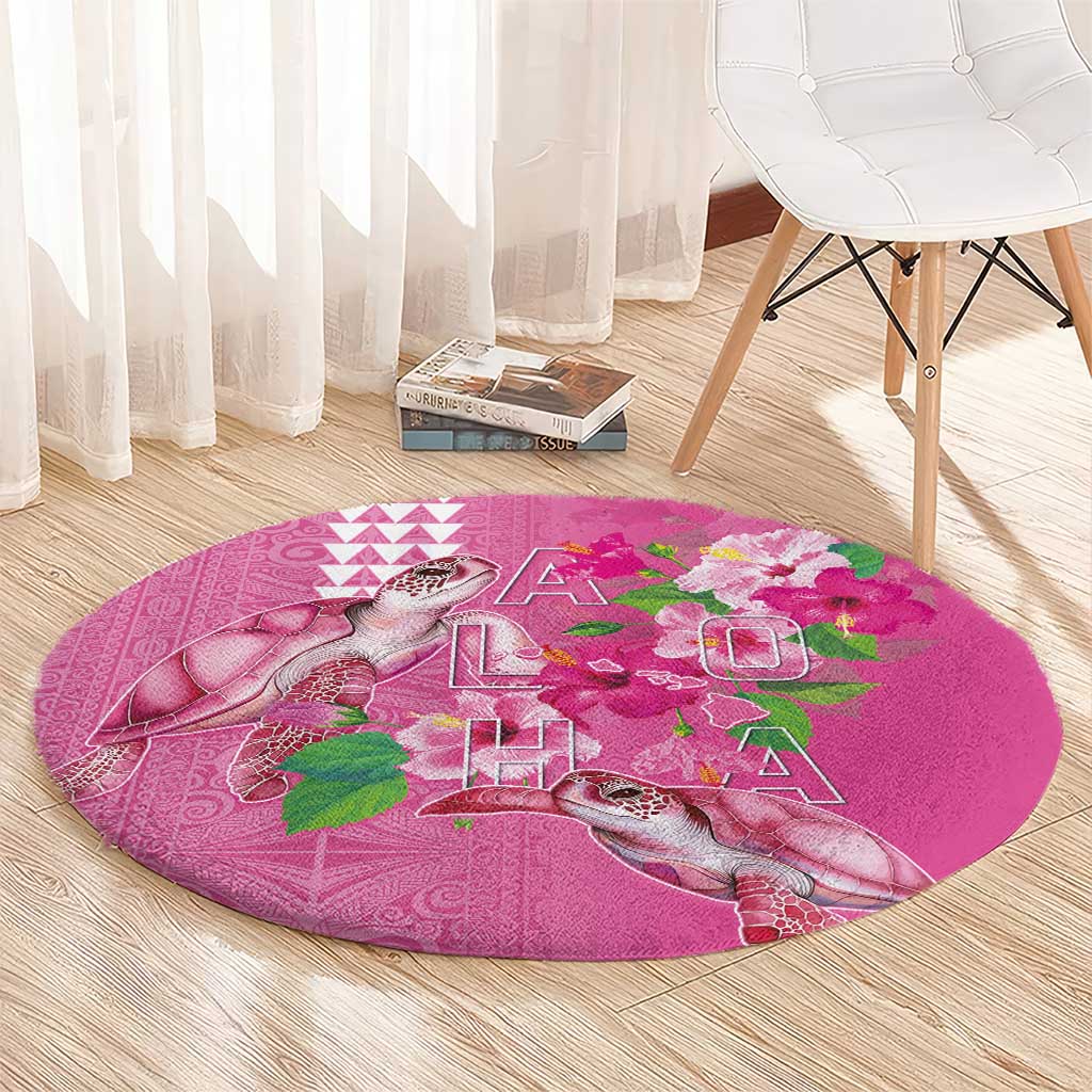 Hawaii Aloha Turtle Hibiscus and Leaves Round Carpet with Polynesian and Kakau Tattoos Rose Color - Polynesian Pride