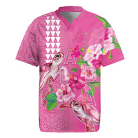Hawaii Aloha Turtle Hibiscus and Leaves Rugby Jersey with Polynesian and Kakau Tattoos Rose Color - Polynesian Pride