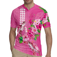 Hawaii Aloha Turtle Hibiscus and Leaves Rugby Jersey with Polynesian and Kakau Tattoos Rose Color - Polynesian Pride