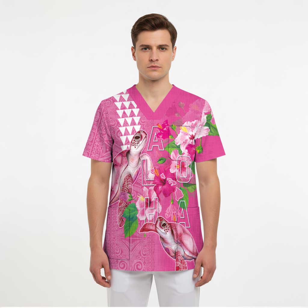 Hawaii Aloha Turtle Hibiscus and Leaves Scrub Top with Polynesian and Kakau Tattoos Rose Color - Polynesian Pride