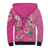 Hawaii Aloha Turtle Hibiscus and Leaves Sherpa Hoodie with Polynesian and Kakau Tattoos Rose Color - Polynesian Pride