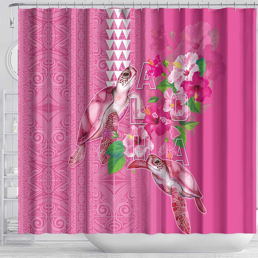 Hawaii Aloha Turtle Hibiscus and Leaves Shower Curtain with Polynesian and Kakau Tattoos Rose Color - Polynesian Pride