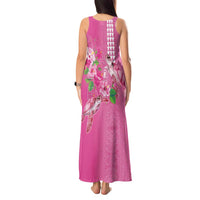 Hawaii Aloha Turtle Hibiscus and Leaves Tank Maxi Dress with Polynesian and Kakau Tattoos Rose Color - Polynesian Pride