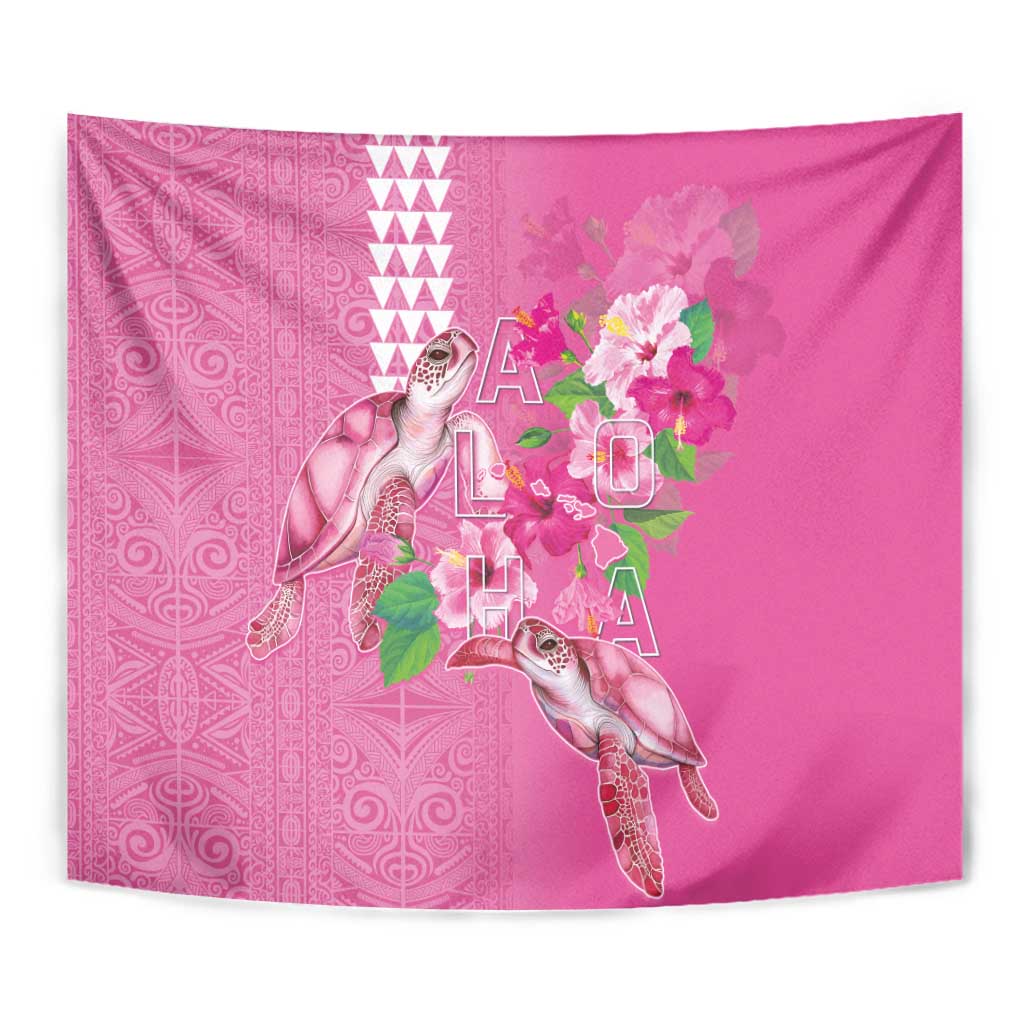 Hawaii Aloha Turtle Hibiscus and Leaves Tapestry with Polynesian and Kakau Tattoos Rose Color - Polynesian Pride