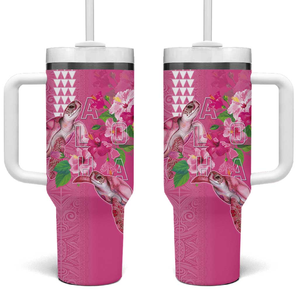 Hawaii Aloha Turtle Hibiscus and Leaves Tumbler With Handle with Polynesian and Kakau Tattoos Rose Color - Polynesian Pride