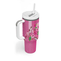 Hawaii Aloha Turtle Hibiscus and Leaves Tumbler With Handle with Polynesian and Kakau Tattoos Rose Color - Polynesian Pride