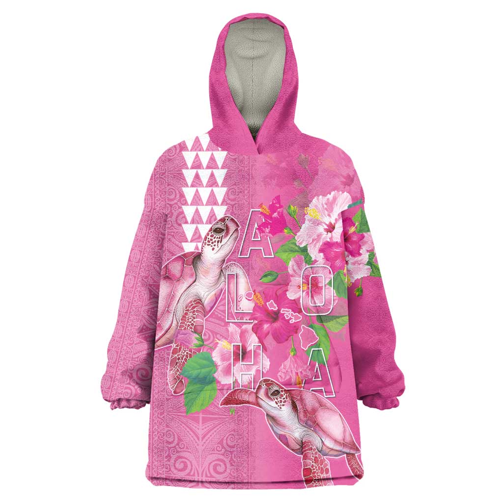 Hawaii Aloha Turtle Hibiscus and Leaves Wearable Blanket Hoodie with Polynesian and Kakau Tattoos Rose Color - Polynesian Pride