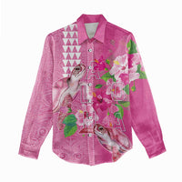 Hawaii Aloha Turtle Hibiscus and Leaves Women Casual Shirt with Polynesian and Kakau Tattoos Rose Color - Polynesian Pride