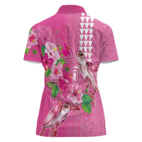 Hawaii Aloha Turtle Hibiscus and Leaves Women Polo Shirt with Polynesian and Kakau Tattoos Rose Color - Polynesian Pride