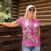 Hawaii Aloha Turtle Hibiscus and Leaves Women Polo Shirt with Polynesian and Kakau Tattoos Rose Color - Polynesian Pride