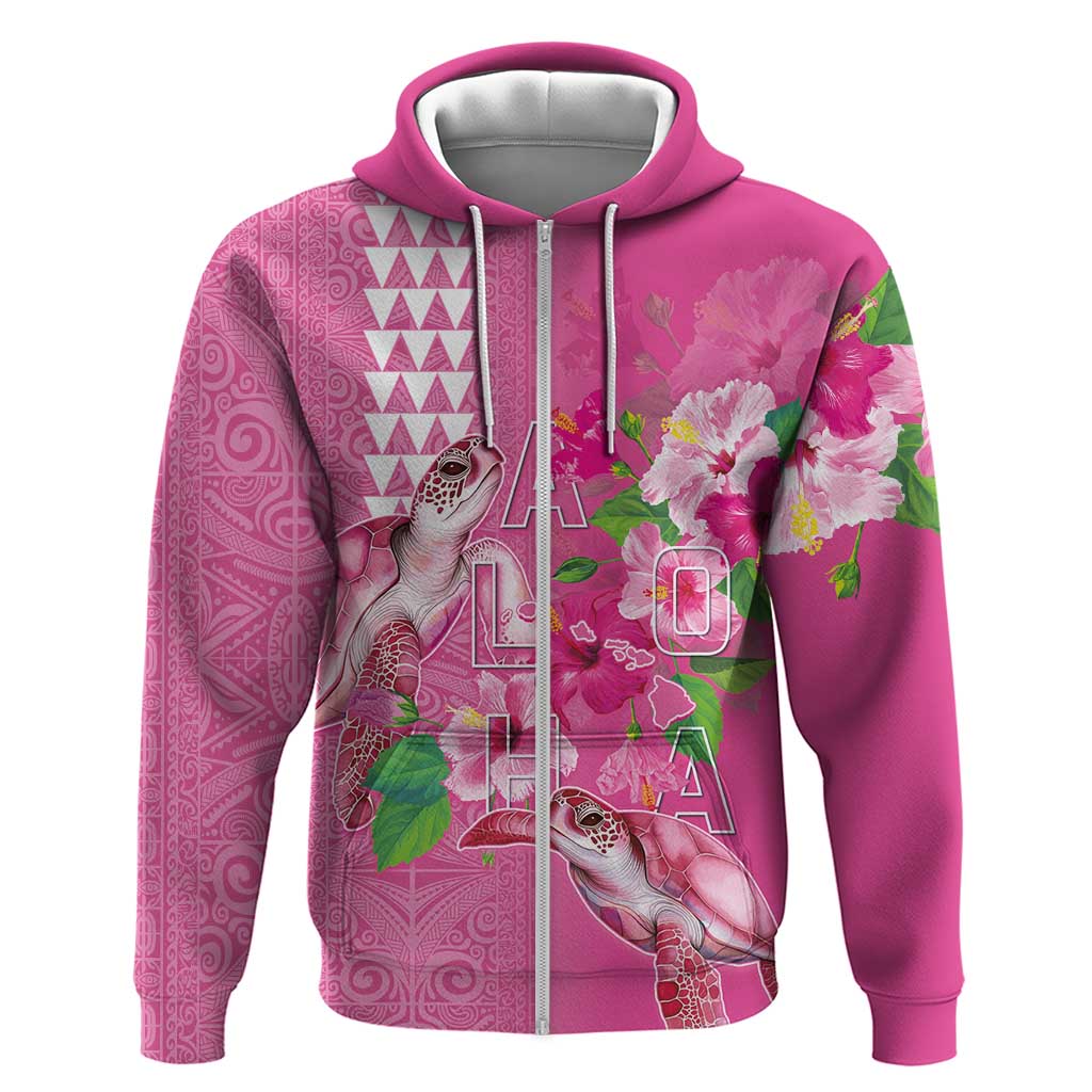 Hawaii Aloha Turtle Hibiscus and Leaves Zip Hoodie with Polynesian and Kakau Tattoos Rose Color - Polynesian Pride