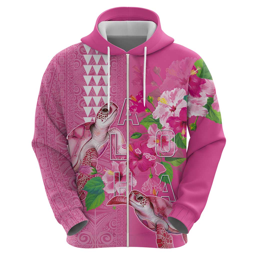 Hawaii Aloha Turtle Hibiscus and Leaves Zip Hoodie with Polynesian and Kakau Tattoos Rose Color - Polynesian Pride