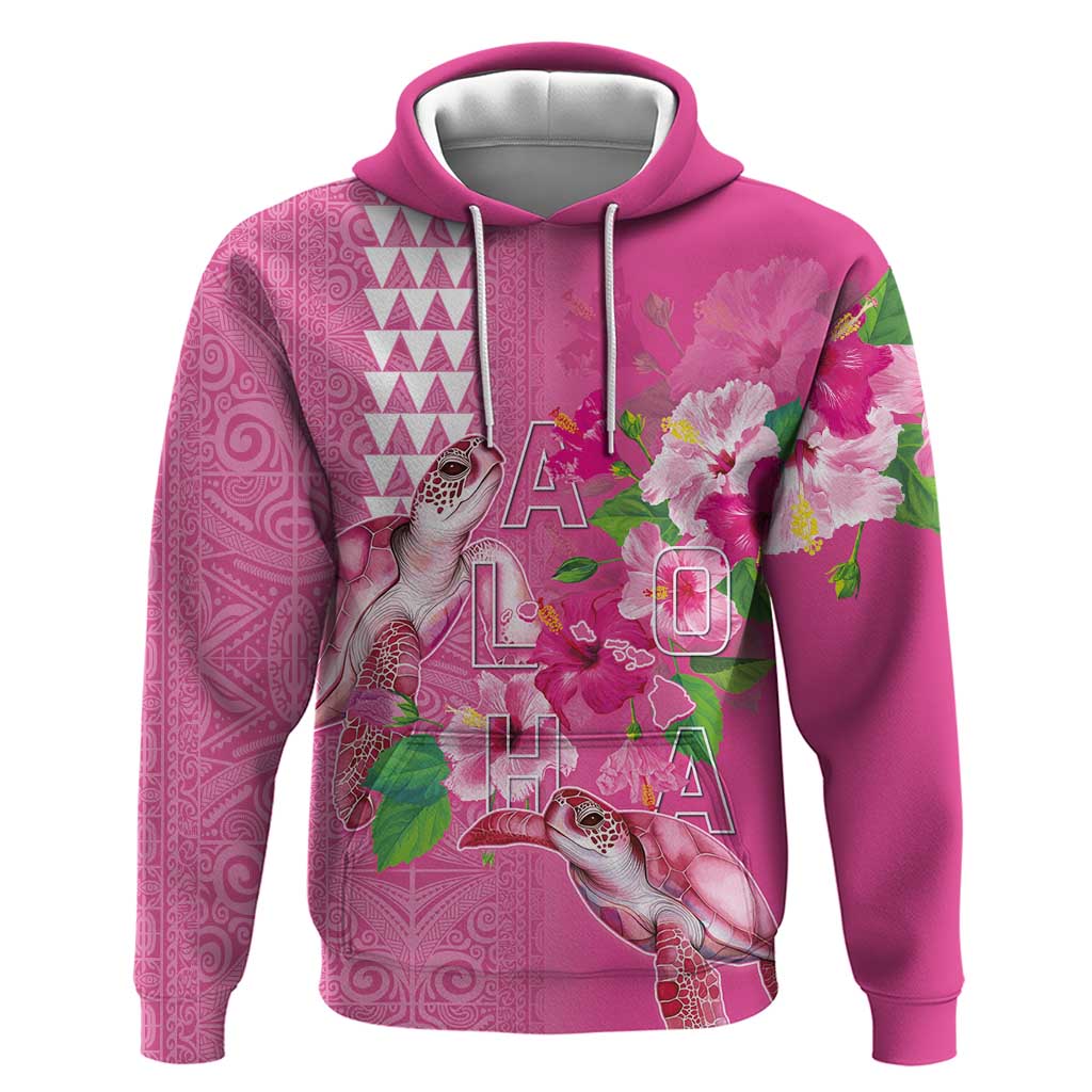Hawaii Aloha Turtle Hibiscus and Leaves Zip Hoodie with Polynesian and Kakau Tattoos Rose Color - Polynesian Pride