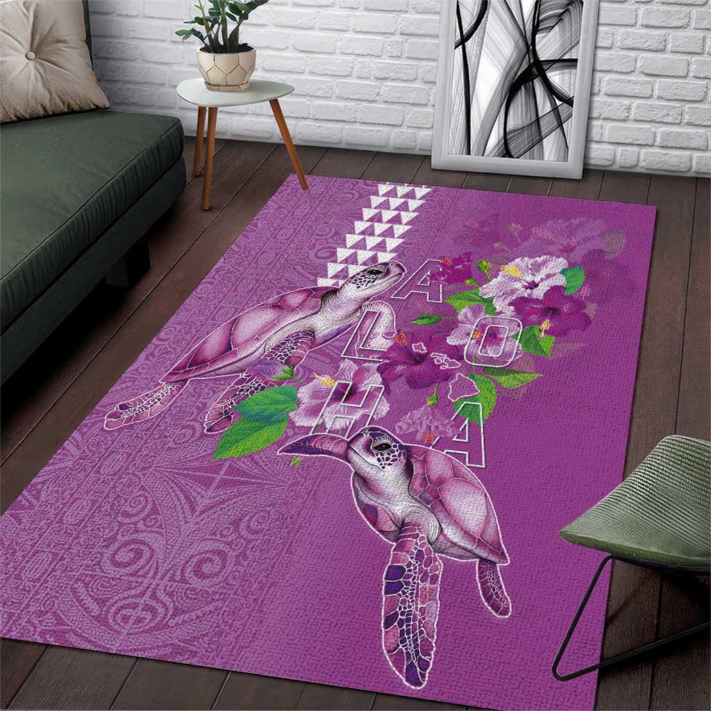 Hawaii Aloha Turtle Hibiscus and Leaves Area Rug with Polynesian and Kakau Tattoos Lilac Color - Polynesian Pride