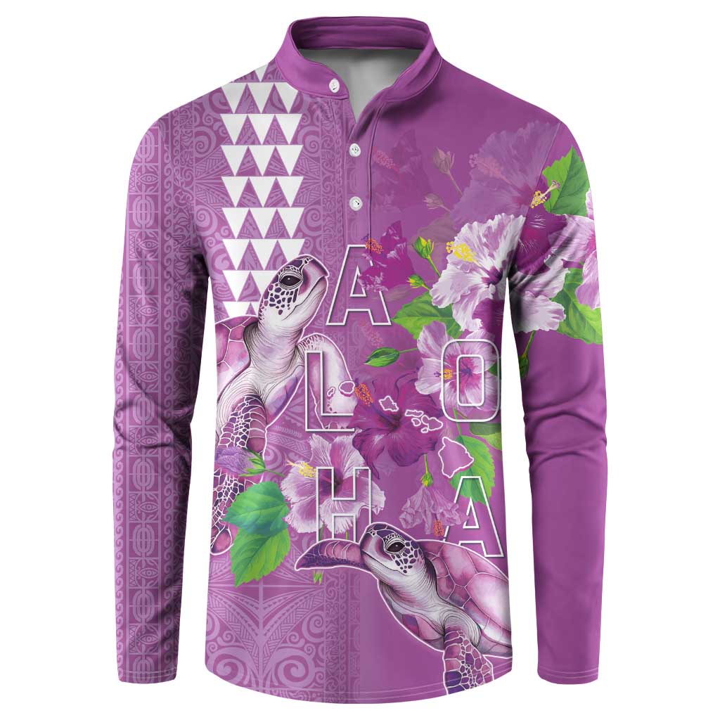 Hawaii Aloha Turtle Hibiscus and Leaves Button Sweatshirt with Polynesian and Kakau Tattoos Lilac Color - Polynesian Pride