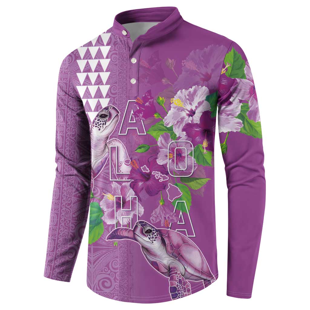 Hawaii Aloha Turtle Hibiscus and Leaves Button Sweatshirt with Polynesian and Kakau Tattoos Lilac Color - Polynesian Pride