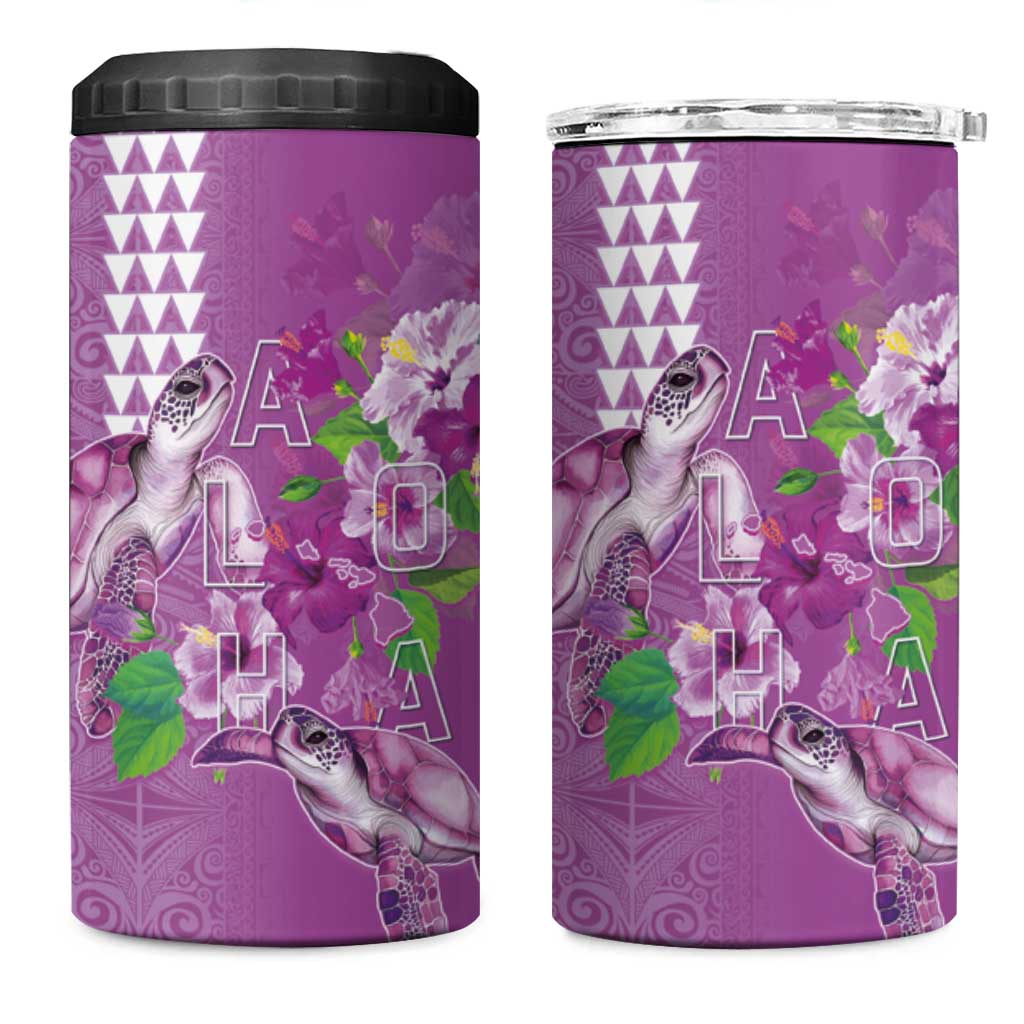 Hawaii Aloha Turtle Hibiscus and Leaves 4 in 1 Can Cooler Tumbler with Polynesian and Kakau Tattoos Lilac Color - Polynesian Pride