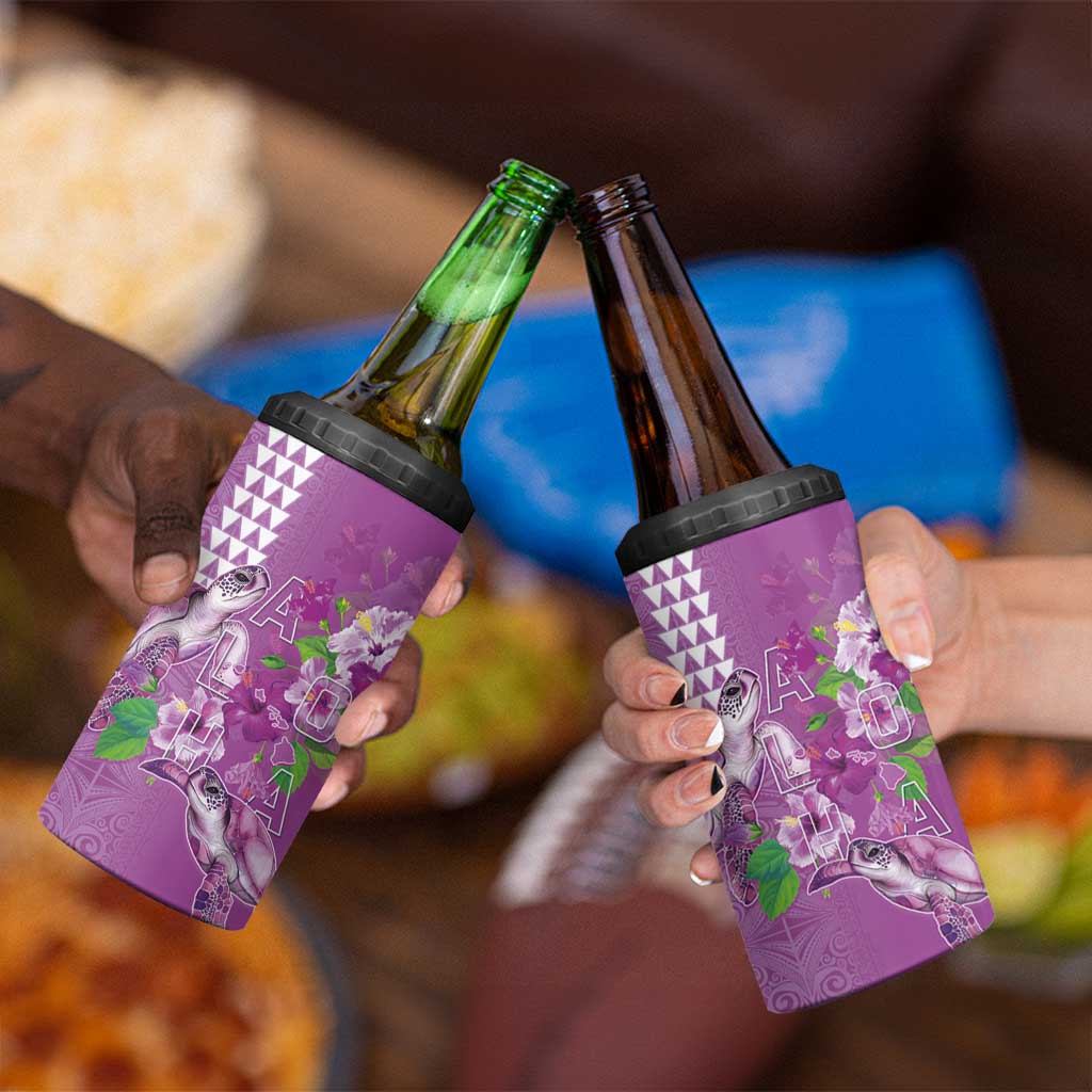 Hawaii Aloha Turtle Hibiscus and Leaves 4 in 1 Can Cooler Tumbler with Polynesian and Kakau Tattoos Lilac Color - Polynesian Pride