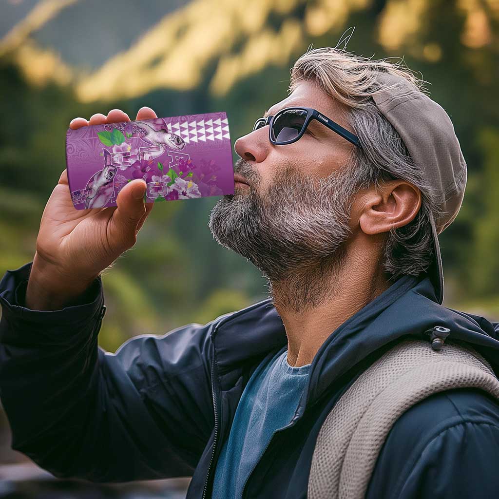 Hawaii Aloha Turtle Hibiscus and Leaves 4 in 1 Can Cooler Tumbler with Polynesian and Kakau Tattoos Lilac Color - Polynesian Pride