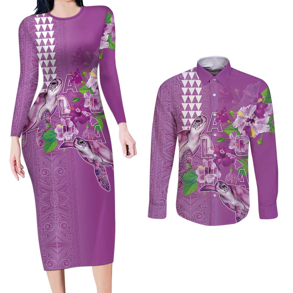 Hawaii Aloha Turtle Hibiscus and Leaves Couples Matching Long Sleeve Bodycon Dress and Long Sleeve Button Shirt with Polynesian and Kakau Tattoos Lilac Color - Polynesian Pride