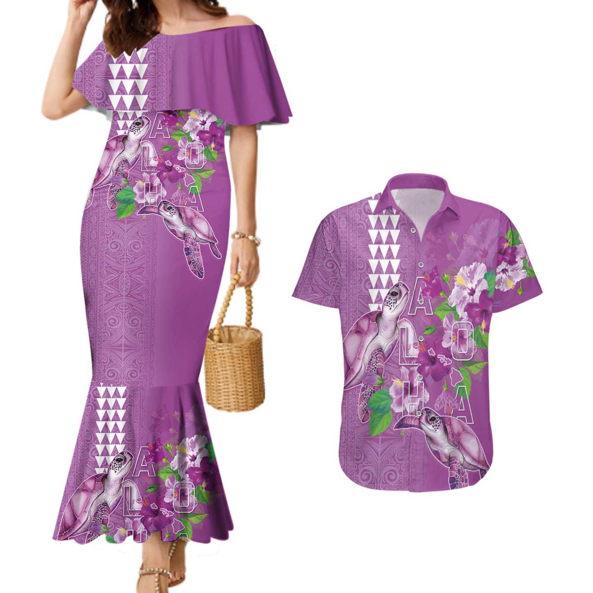 Hawaii Aloha Turtle Hibiscus and Leaves Couples Matching Mermaid Dress and Hawaiian Shirt with Polynesian and Kakau Tattoos Lilac Color - Polynesian Pride