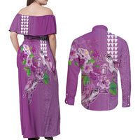 Hawaii Aloha Turtle Hibiscus and Leaves Couples Matching Off Shoulder Maxi Dress and Long Sleeve Button Shirt with Polynesian and Kakau Tattoos Lilac Color - Polynesian Pride
