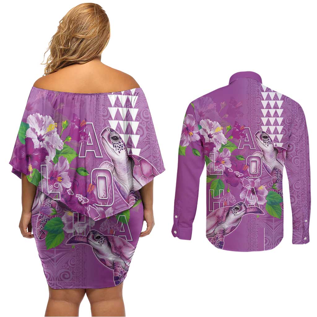 Hawaii Aloha Turtle Hibiscus and Leaves Couples Matching Off Shoulder Short Dress and Long Sleeve Button Shirt with Polynesian and Kakau Tattoos Lilac Color - Polynesian Pride