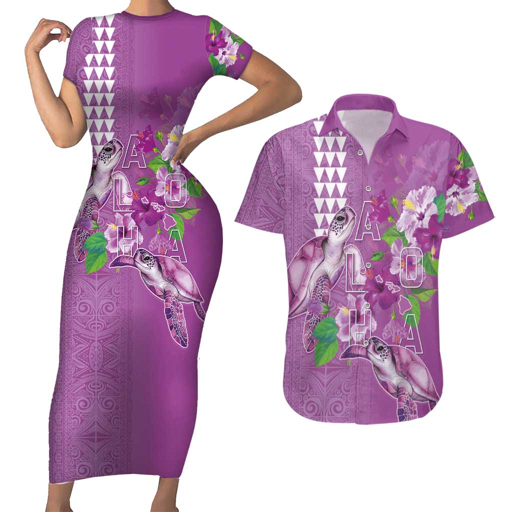 Hawaii Aloha Turtle Hibiscus and Leaves Couples Matching Short Sleeve Bodycon Dress and Hawaiian Shirt with Polynesian and Kakau Tattoos Lilac Color - Polynesian Pride