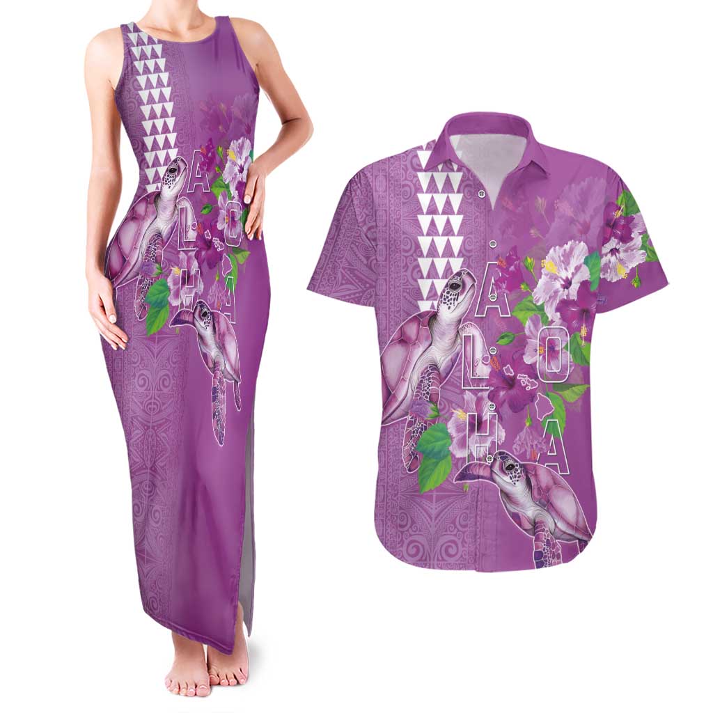 Hawaii Aloha Turtle Hibiscus and Leaves Couples Matching Tank Maxi Dress and Hawaiian Shirt with Polynesian and Kakau Tattoos Lilac Color - Polynesian Pride