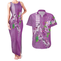 Hawaii Aloha Turtle Hibiscus and Leaves Couples Matching Tank Maxi Dress and Hawaiian Shirt with Polynesian and Kakau Tattoos Lilac Color - Polynesian Pride