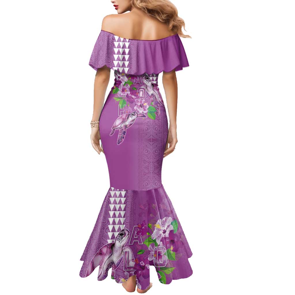 Hawaii Aloha Turtle Hibiscus and Leaves Family Matching Mermaid Dress and Hawaiian Shirt with Polynesian and Kakau Tattoos Lilac Color - Polynesian Pride