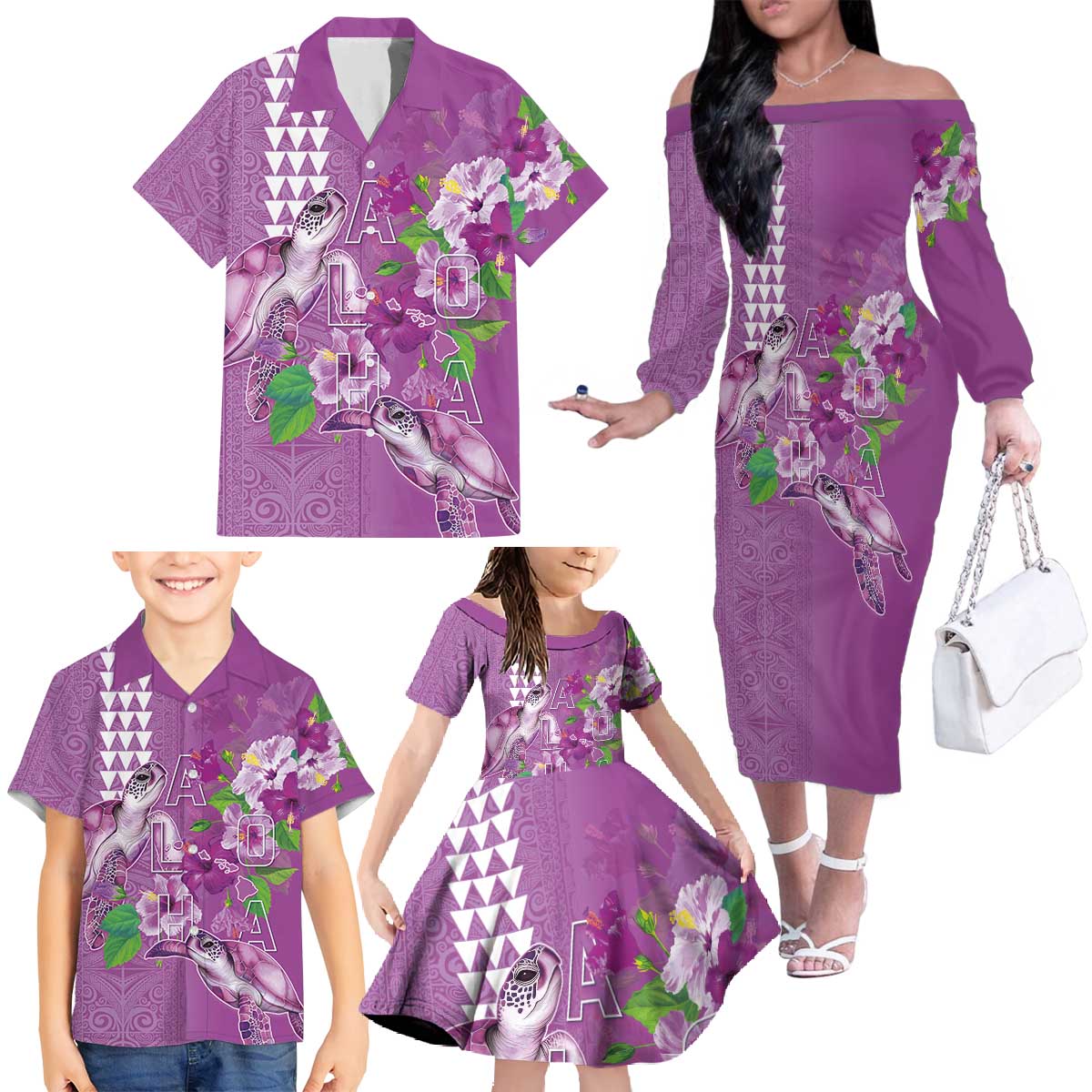 Hawaii Aloha Turtle Hibiscus and Leaves Family Matching Off The Shoulder Long Sleeve Dress and Hawaiian Shirt with Polynesian and Kakau Tattoos Lilac Color - Polynesian Pride