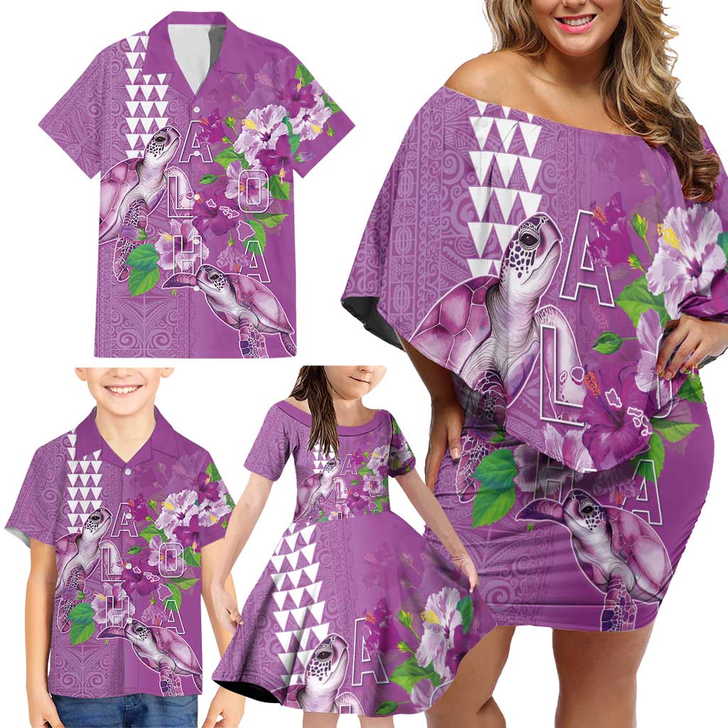 Hawaii Aloha Turtle Hibiscus and Leaves Family Matching Off Shoulder Short Dress and Hawaiian Shirt with Polynesian and Kakau Tattoos Lilac Color - Polynesian Pride