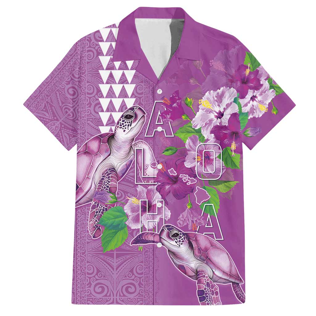 Hawaii Aloha Turtle Hibiscus and Leaves Family Matching Off Shoulder Short Dress and Hawaiian Shirt with Polynesian and Kakau Tattoos Lilac Color - Polynesian Pride