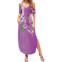 Hawaii Aloha Turtle Hibiscus and Leaves Family Matching Summer Maxi Dress and Hawaiian Shirt with Polynesian and Kakau Tattoos Lilac Color - Polynesian Pride