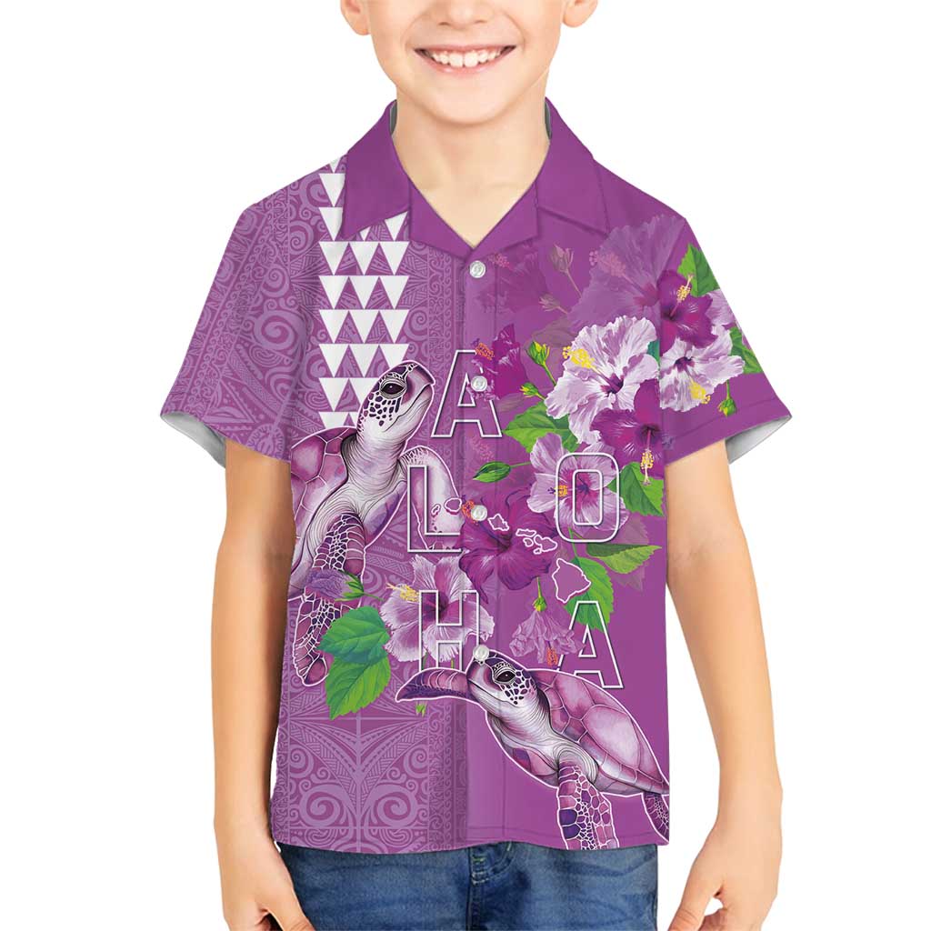 Hawaii Aloha Turtle Hibiscus and Leaves Family Matching Summer Maxi Dress and Hawaiian Shirt with Polynesian and Kakau Tattoos Lilac Color - Polynesian Pride